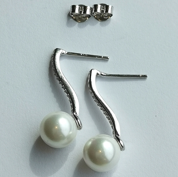Sterling Silver CZ White Pearl Drop Earrings - Picture 3 of 6